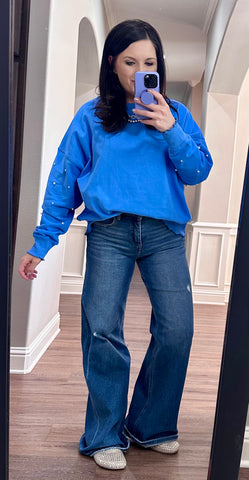 Blue Sweatshirt w/ Pearl Sleeve Details & Lettuce Hem