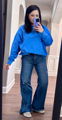 Blue Sweatshirt w/ Pearl Sleeve Details & Lettuce Hem