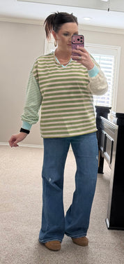 Mixed Sage Green Stripe French Terry Pullover