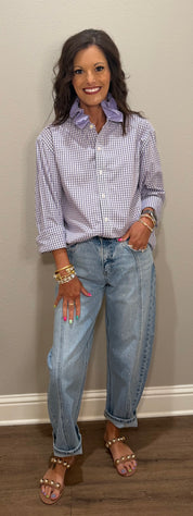 Purple Plaid Ruffle Collar Button Down