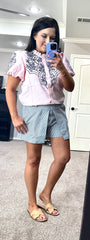 Pink Embroidered Buttondown Bubble Sleeve Top