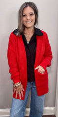 Waffle Knit Cardigan - Black & Red