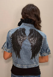 Short Sleeve Denim Jacket w/ Ruffle Collar Details & Embellished Back