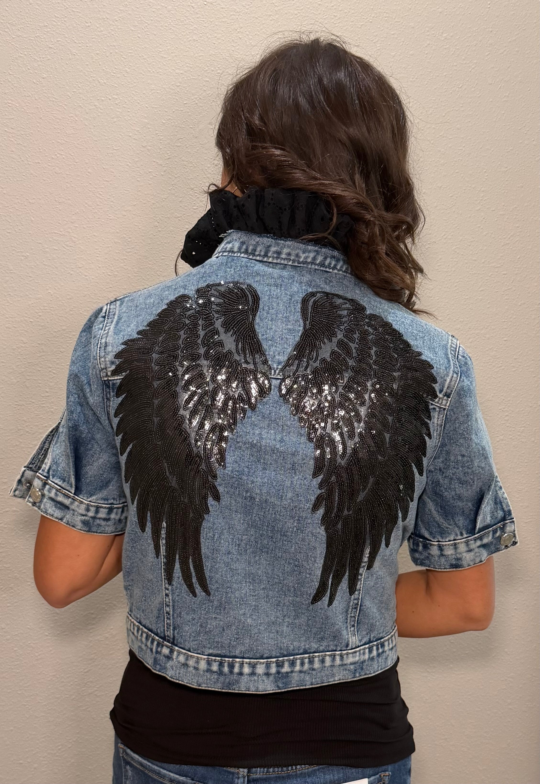 Short Sleeve Denim Jacket w/ Ruffle Collar Details & Embellished Back