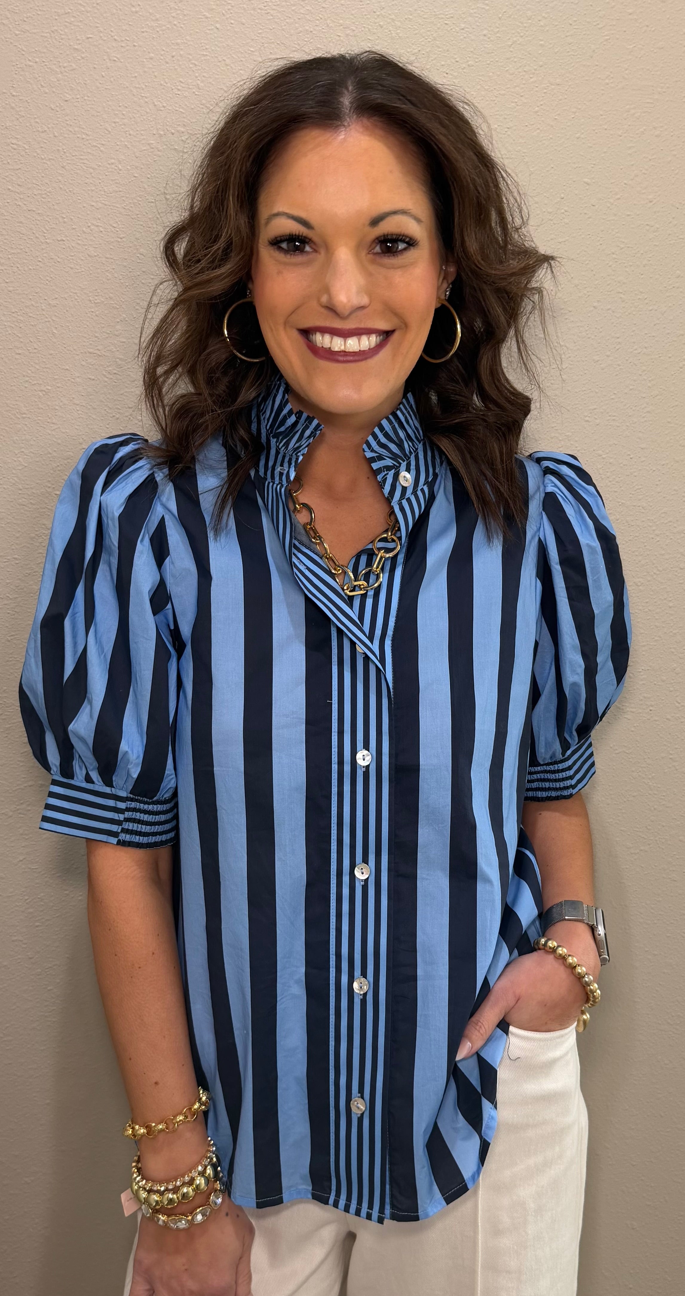 Navy & Blue Striped Puff Sleeve Button Down w/ Ruffle Collar