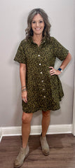 Olive Leopard Button Down Dress