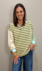 Mixed Sage Green Stripe French Terry Pullover