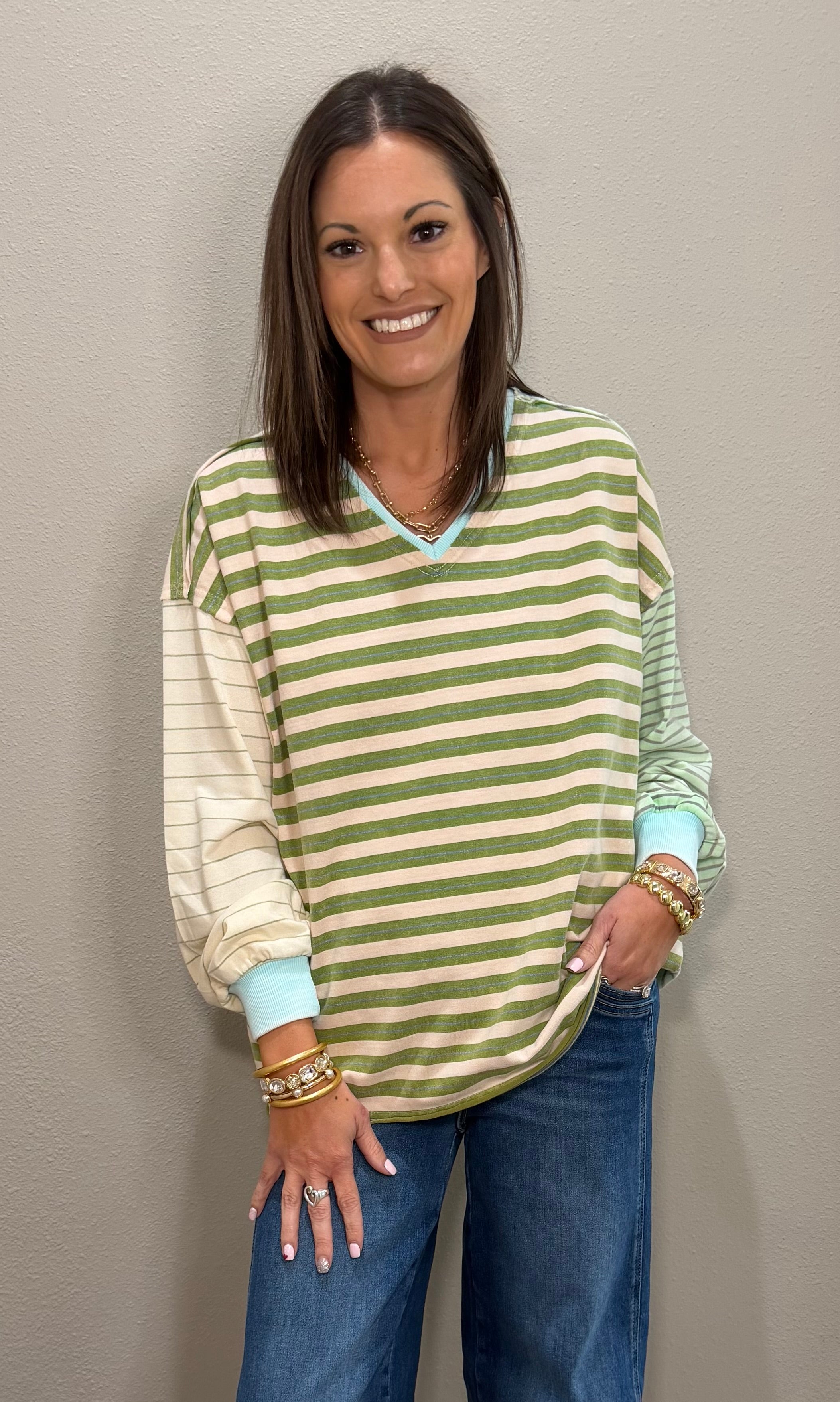 Mixed Sage Green Stripe French Terry Pullover