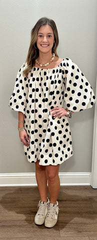 Cream & Black Polka Dot Bubble Sleeve Dress