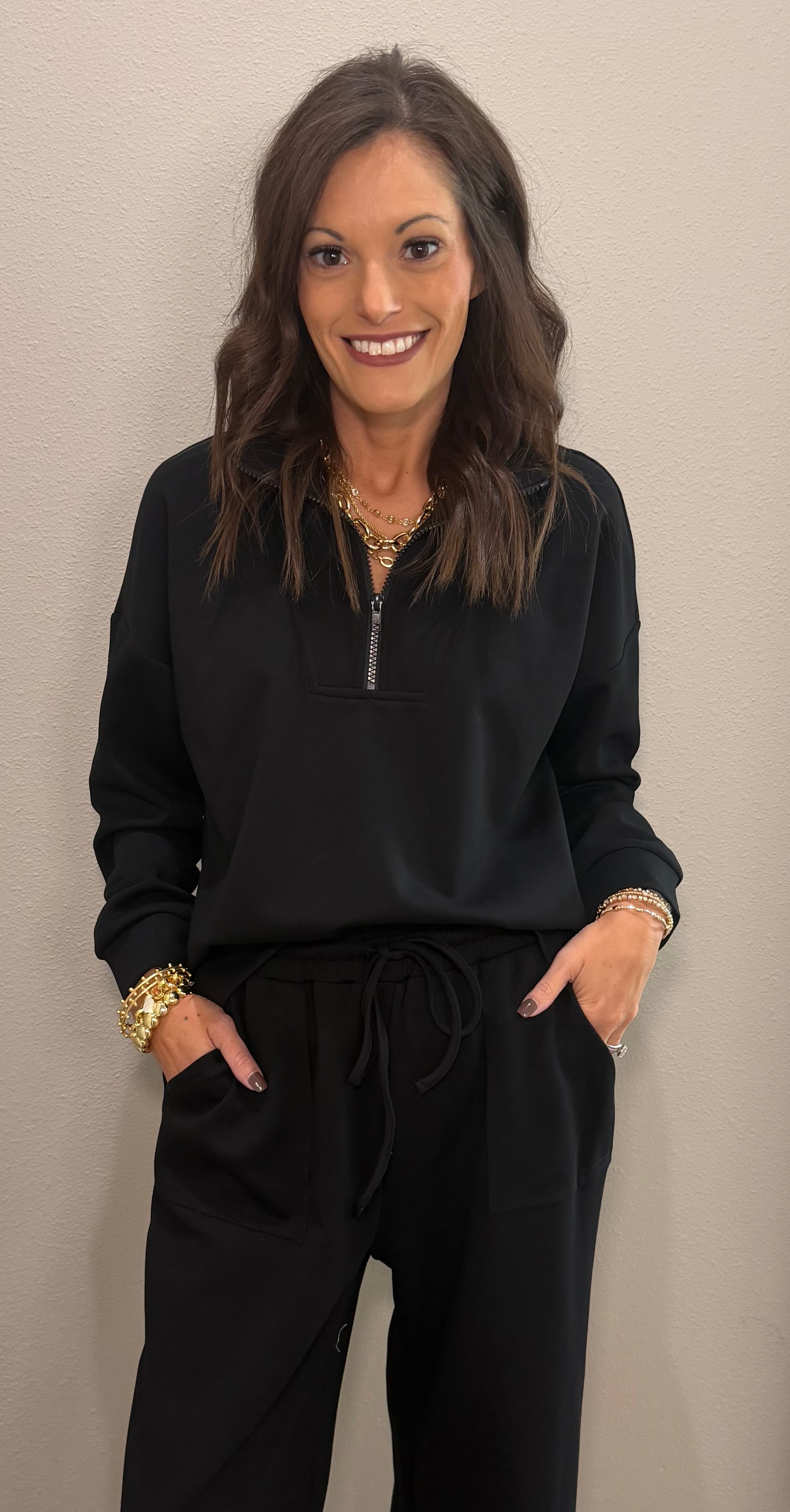 Black Scuba Half Zip Pullover & Wide Leg Pants Set