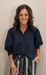 Midnight Navy Puff Sleeve Button Down Top