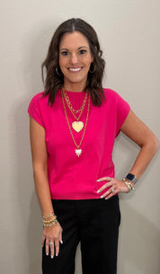 Fuchsia Viscose Knit Cap Sleeve Top