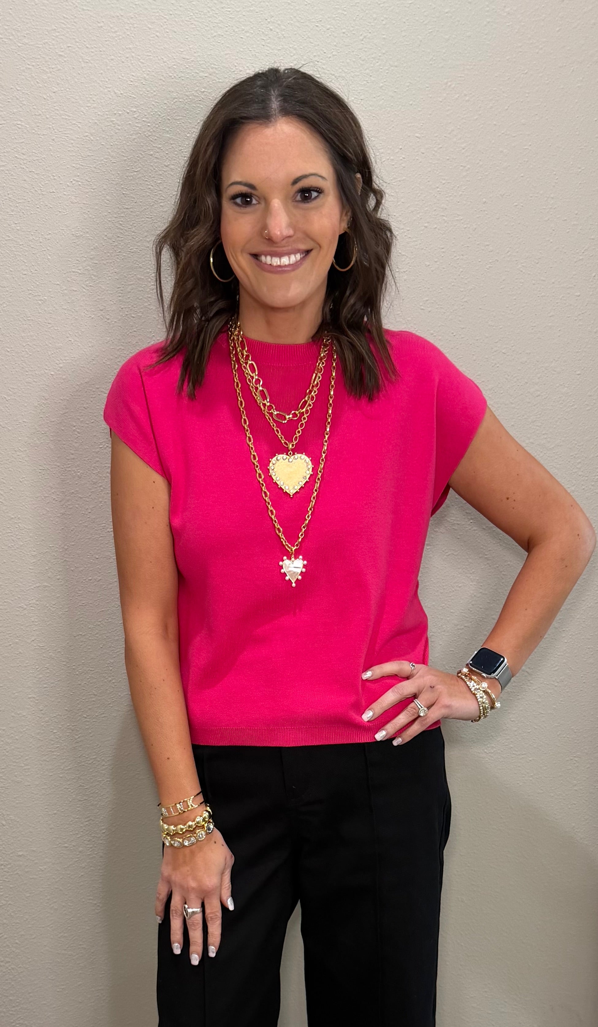 Fuchsia Viscose Knit Cap Sleeve Top