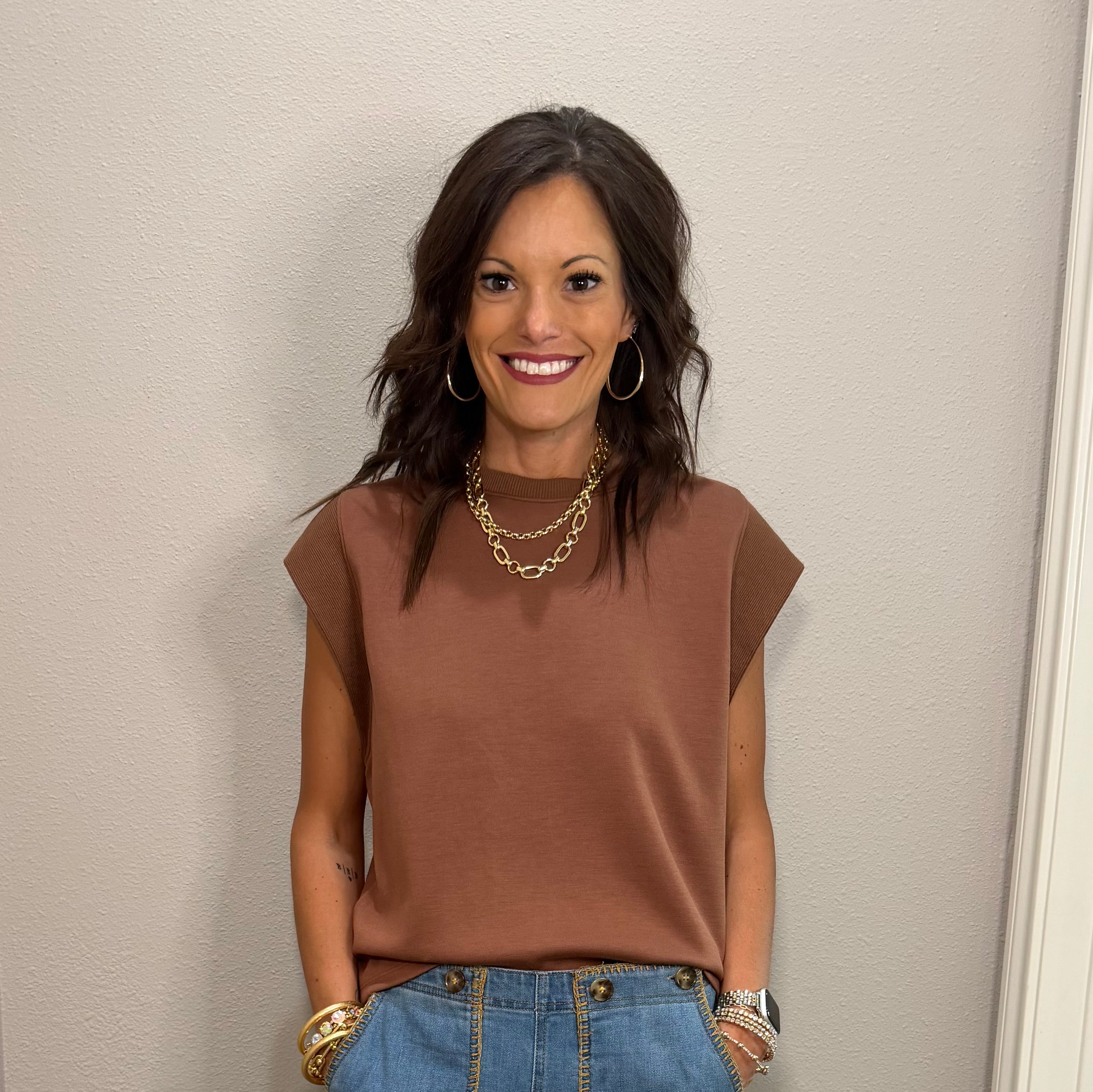 Mocha Scuba Cap Sleeve Basic Layering Top