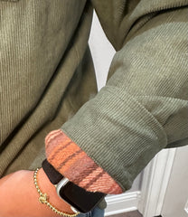 Reversible Corduroy and Plaid Button Down Shirt Jacket - Rust/Olive