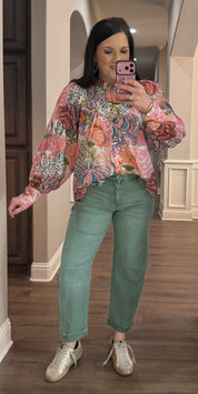 Rose Blush Floral Printed Bubble Sleeve Blouse