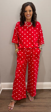 Red & White Scuba Polka Dot Short Sleeve Pant Set
