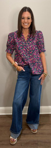Navy Floral Puff Sleeve Button Down Top