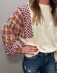 Cream & Brick Mixed Media Plaid Patchwork Top