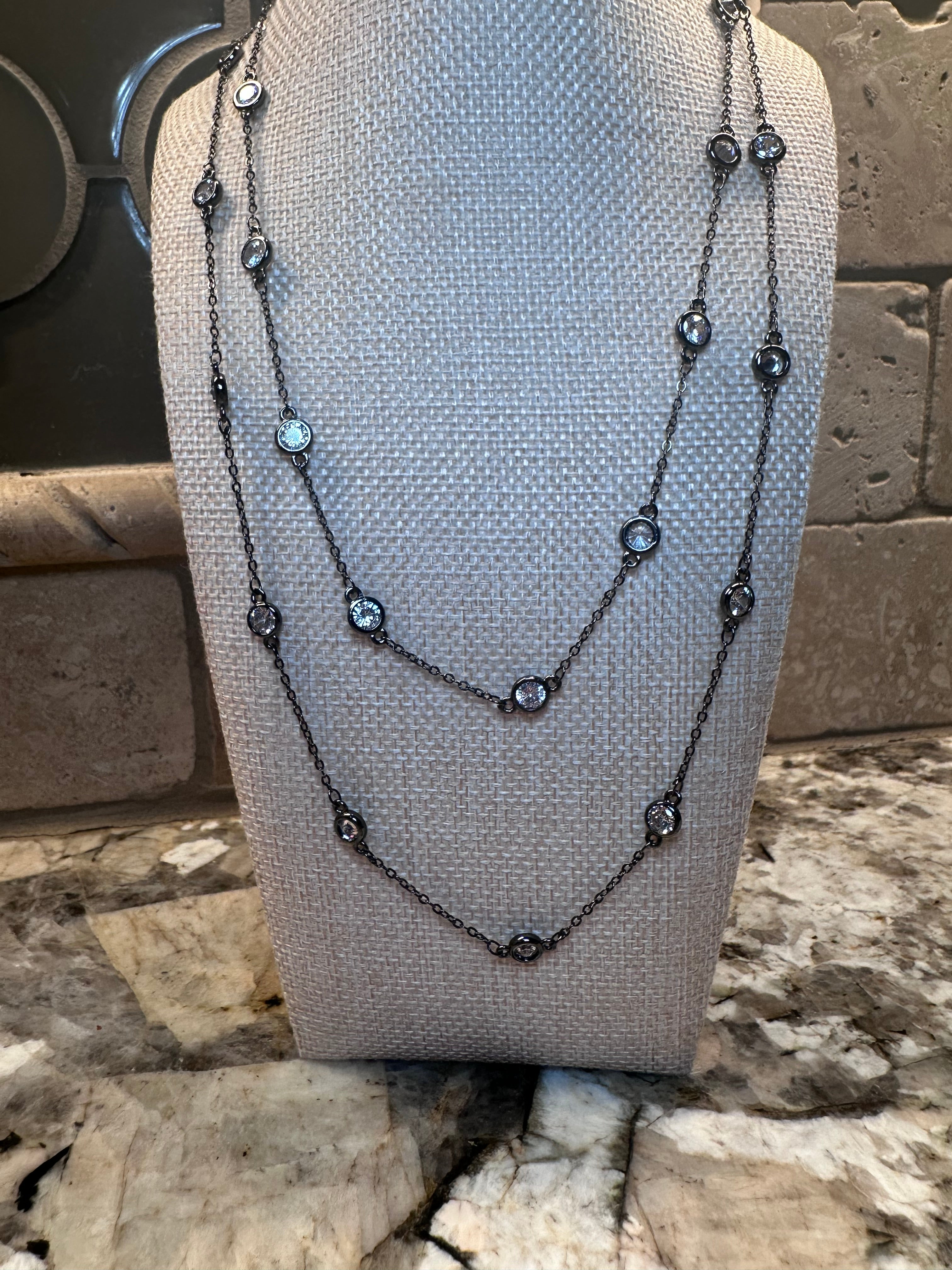 Dark Silver Crystal Necklace w/ Chain Spaces - Multiple Lengths