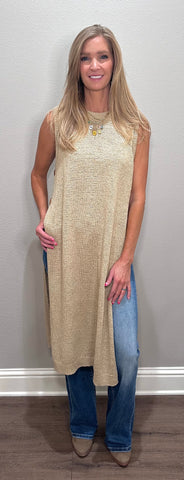 Latte Sleeveless Knit Long Tank w/ Gold Button Details