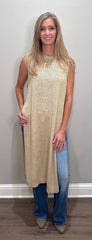 Latte Sleeveless Knit Long Tank w/ Gold Button Details
