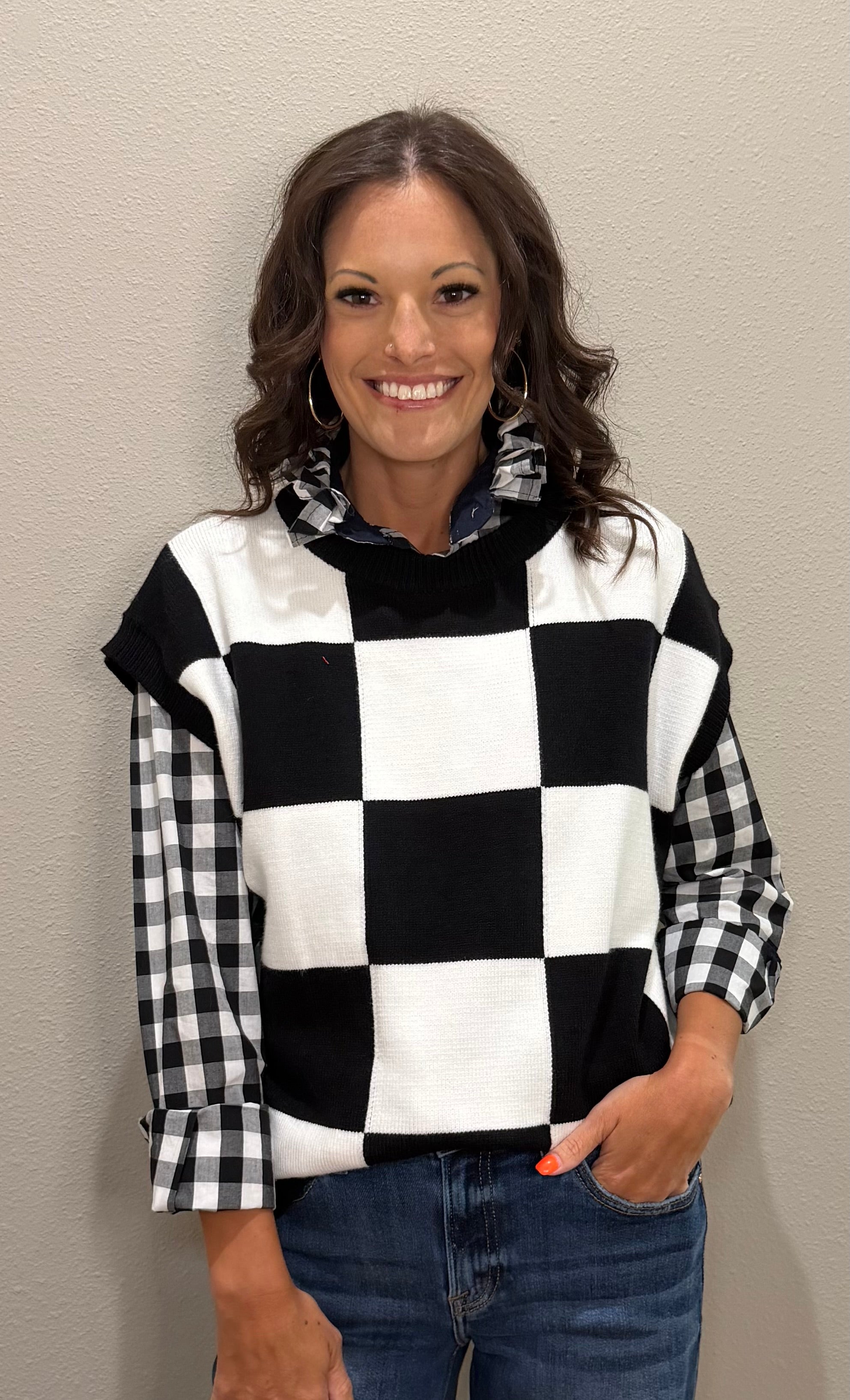 Black & White Checkered Ruffle Collar POLO Button Down Top