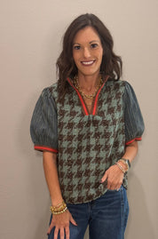 Sage Stripe Denim Sleeve Houndstooth Tweed Top