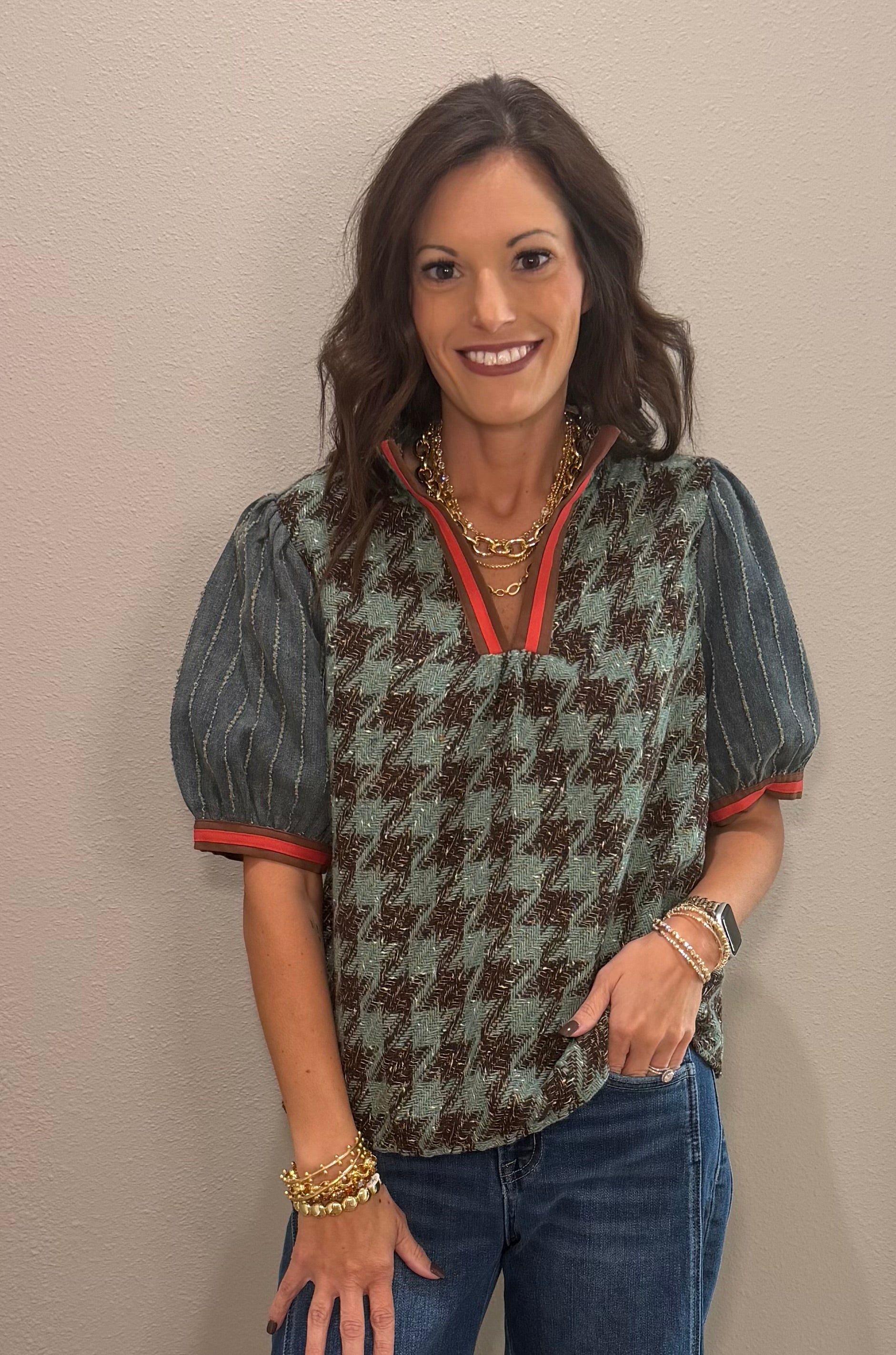Sage Stripe Denim Sleeve Houndstooth Tweed Top