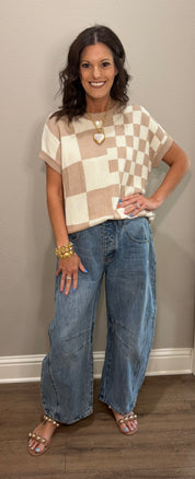 Taupe Mix Checkered Knit Top