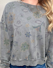 Ash Grey Floral Printed Washed Terry Top