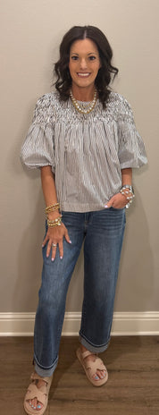 Black Striped Bubble Sleeve Top