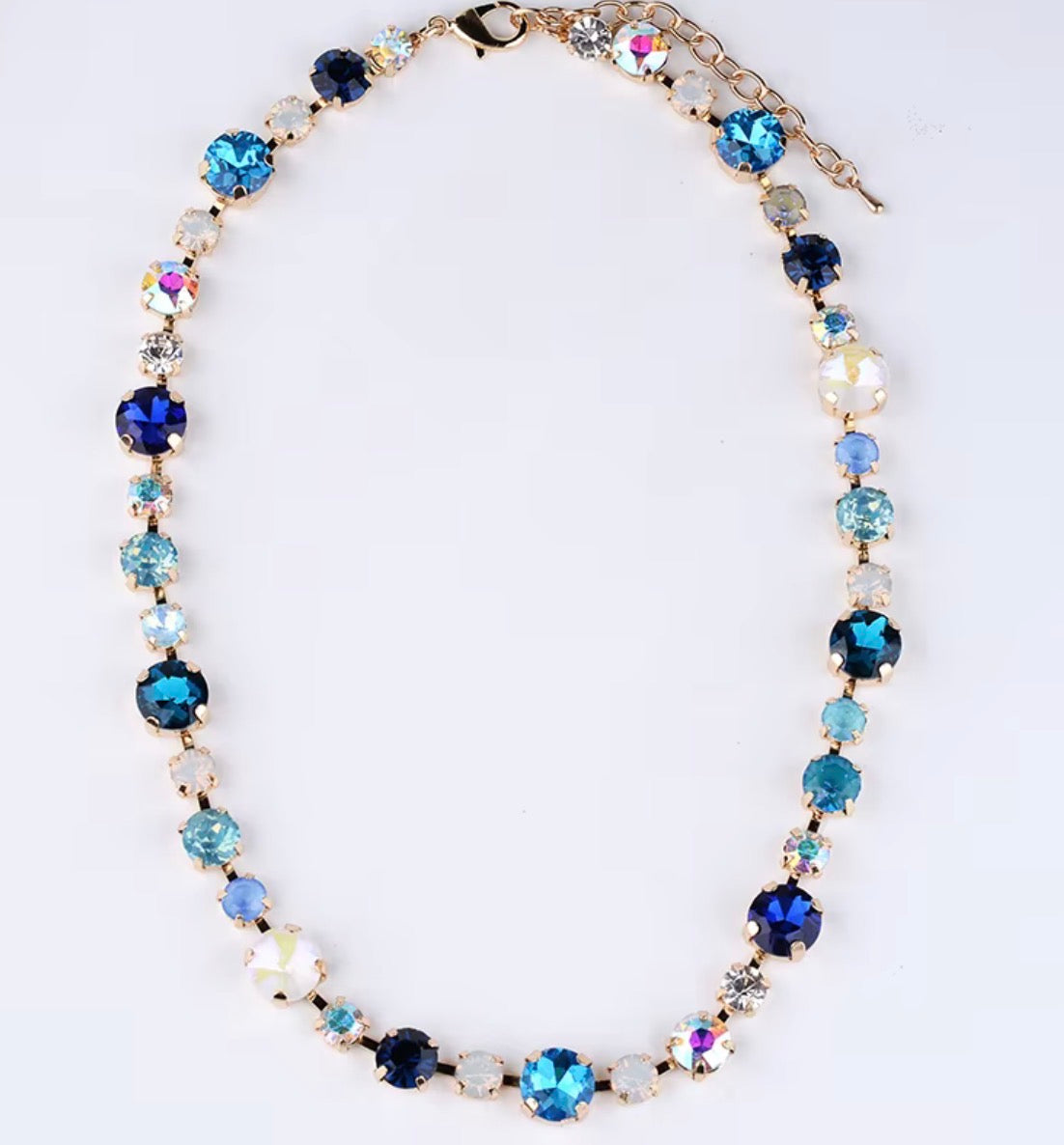 Blue Multi Colored Crystal Necklace in Gold