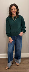 Hunter Green Ribbed Puff Sleeve