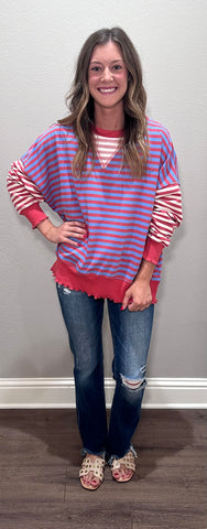 Red/Blue Color Block Stripe Lightweight Sweatshirt