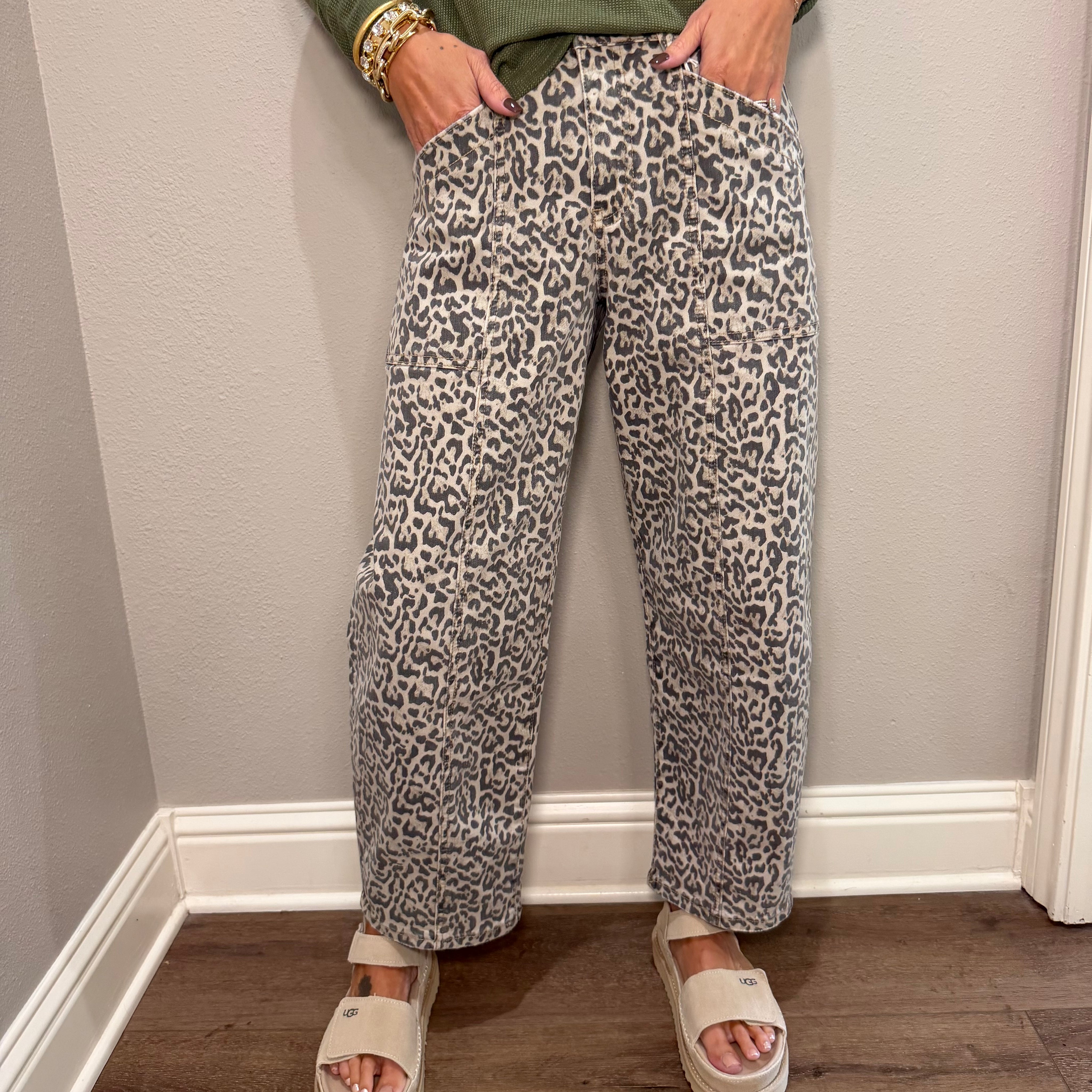 High Rise Leopard Utility Barrel Jeans
