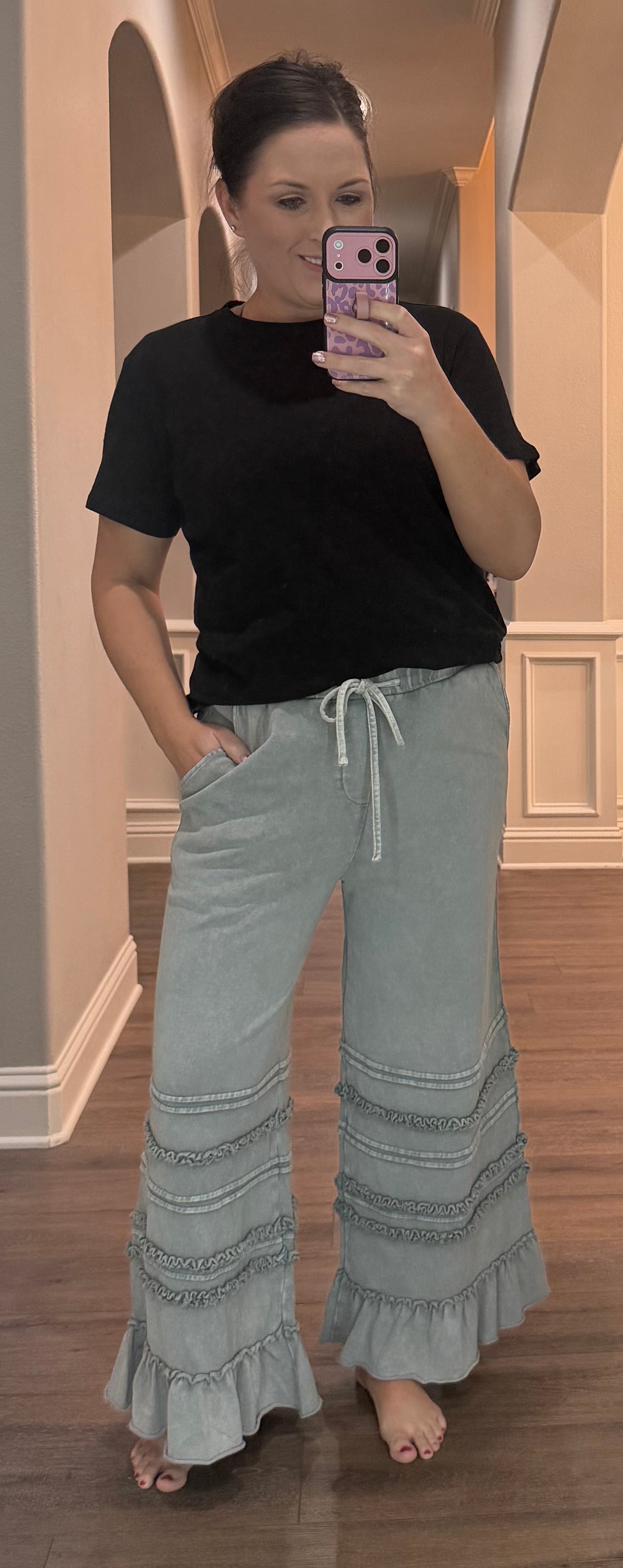 Ash Grey Washed Terry Pants w/ Bottom Details