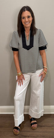 Black Striped Puff Sleeve Top