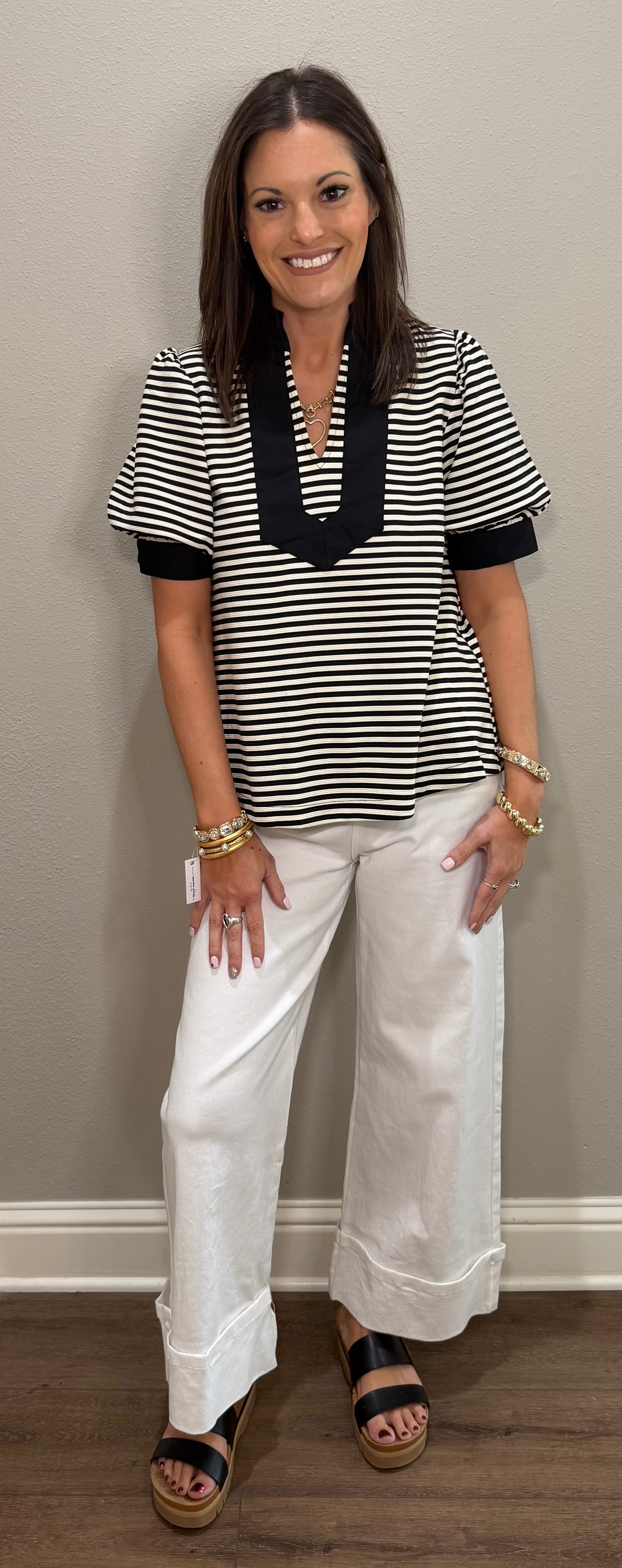 Black Striped Puff Sleeve Top