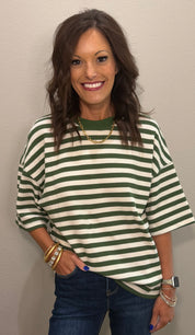 Olive Stripe Waffle Texture Oversized Top