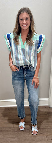 Blue Linen Mix Stripe Ruffle Sleeve Top