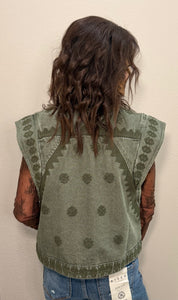 Olive Embroidered Denim Vest