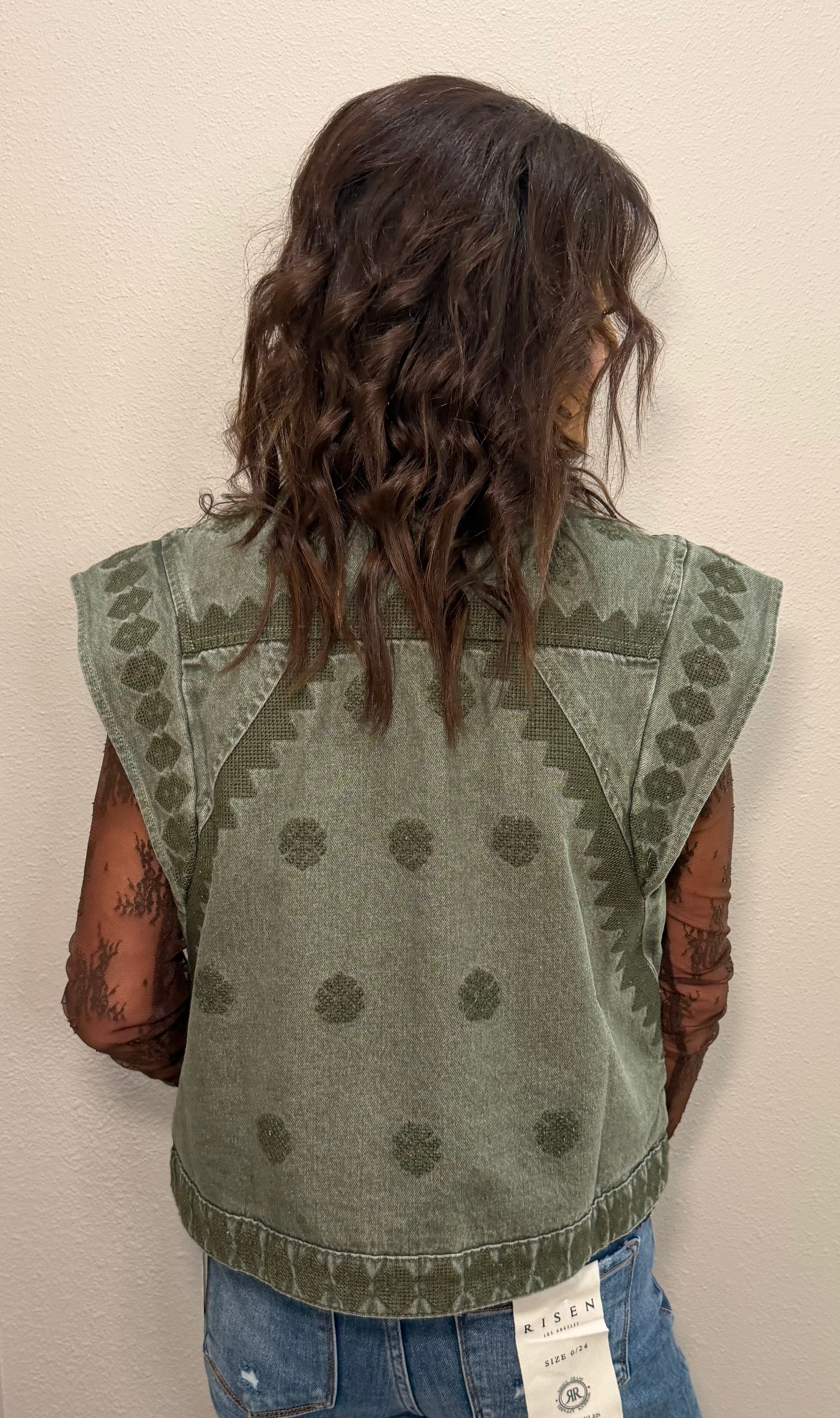 Olive Embroidered Denim Vest