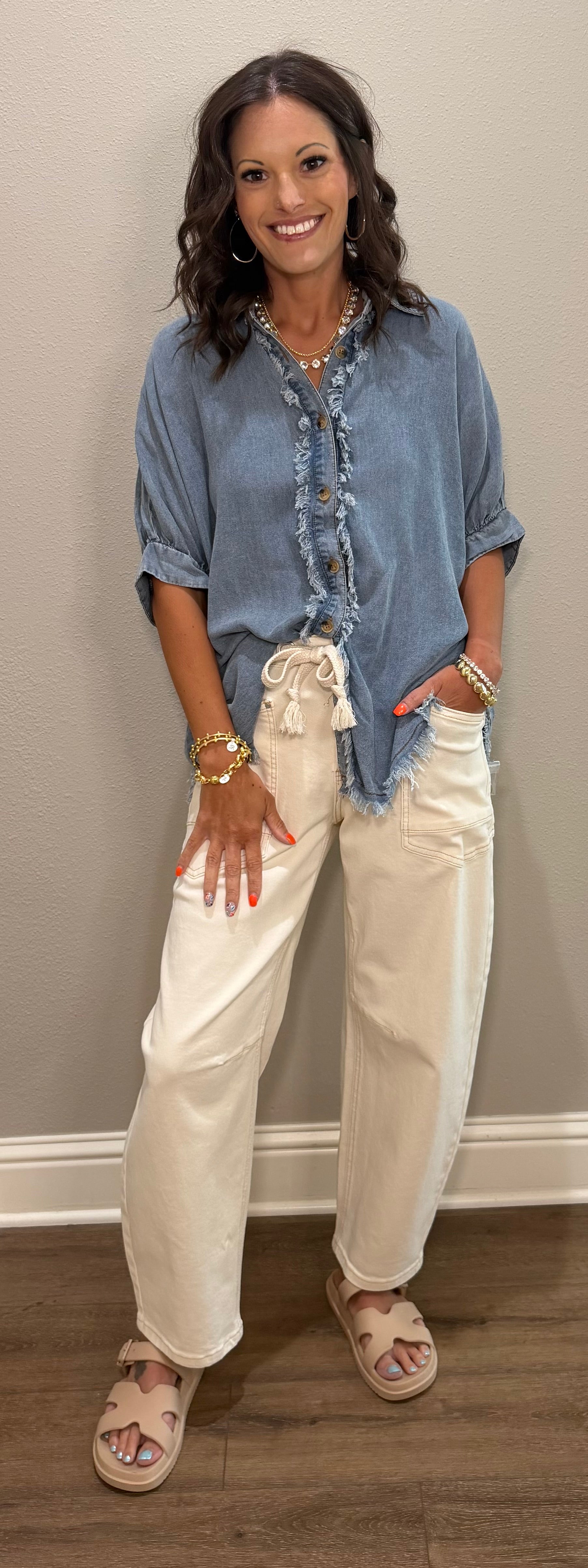 Frayed Trim Denim Button Top