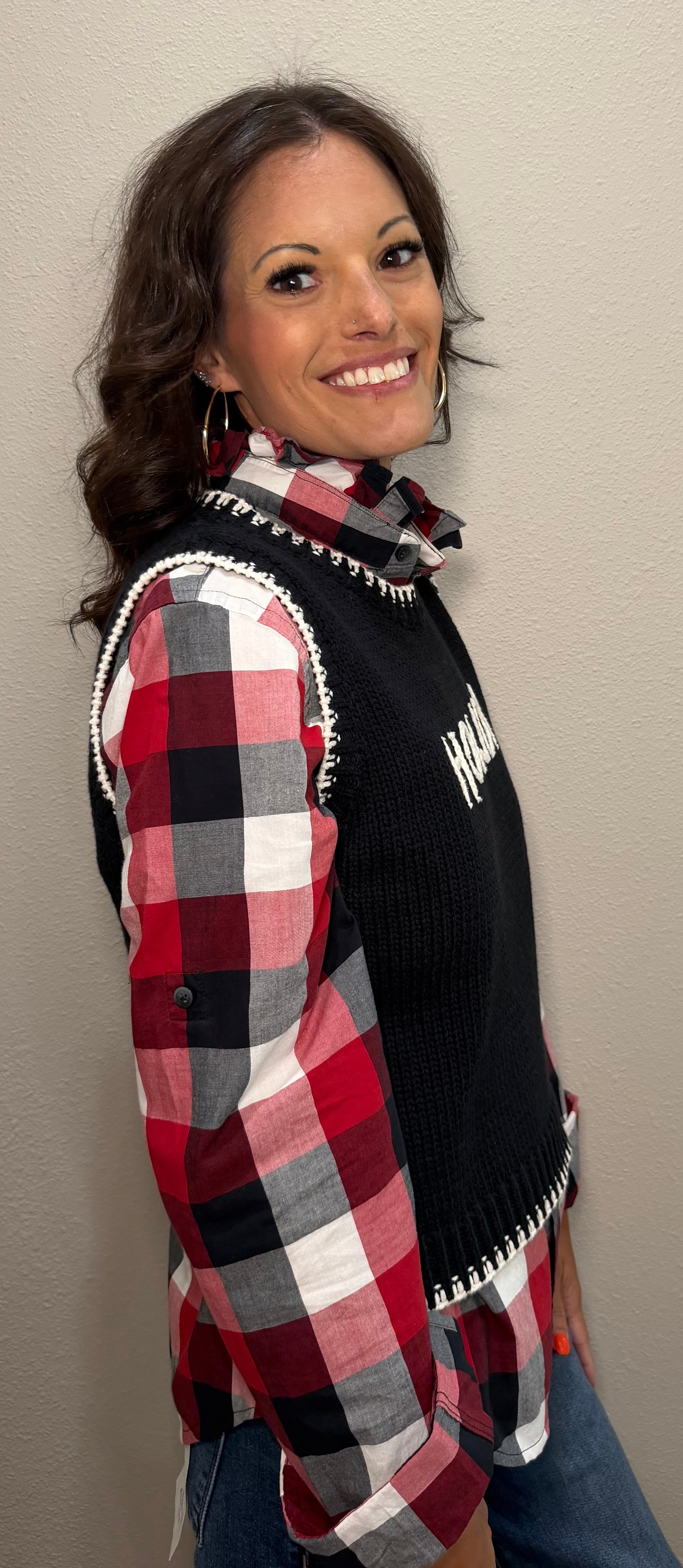 Red/Black/White Checkered Ruffle Collar Button Down Top