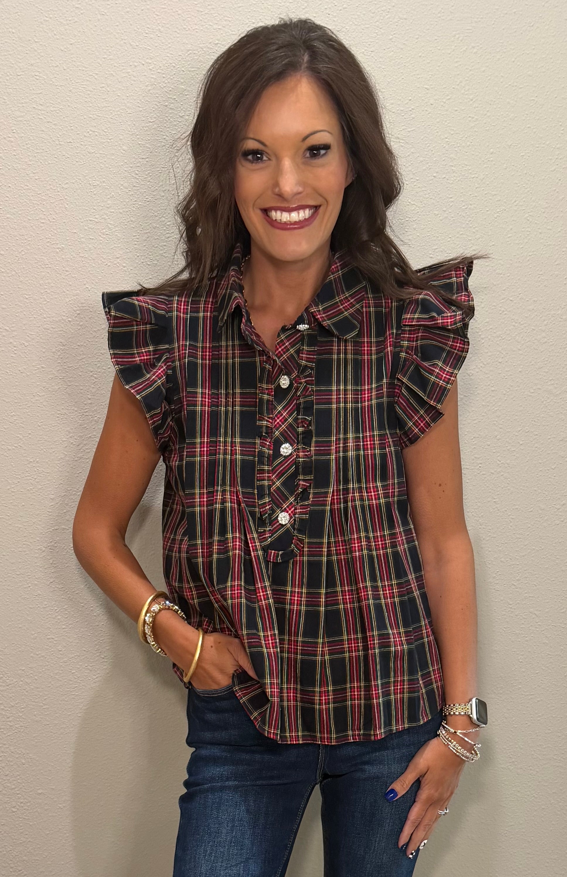 Navy Plaid Ruffle Sleeve Top