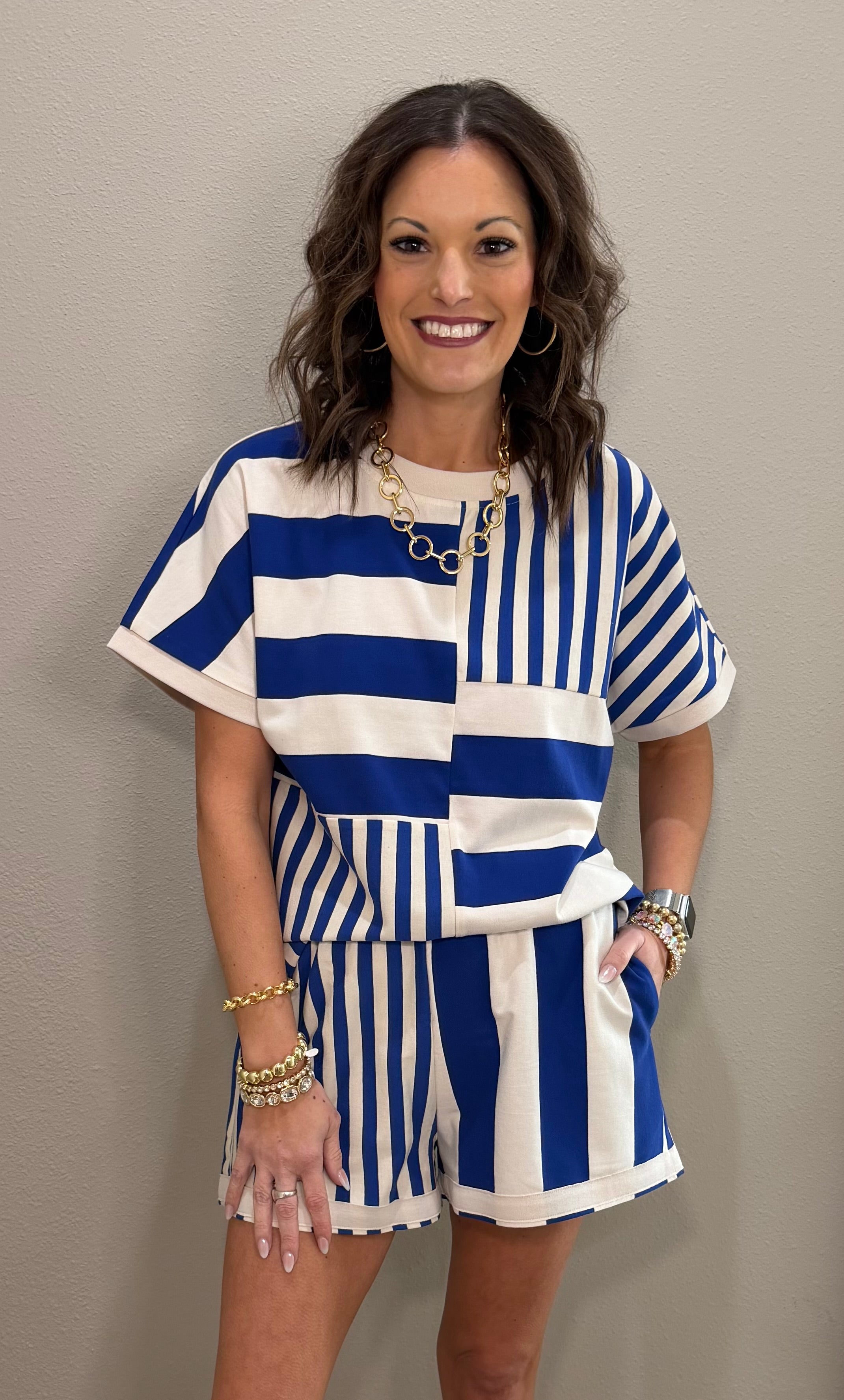 Drop Shoulder Stripe Mix Match Short Set