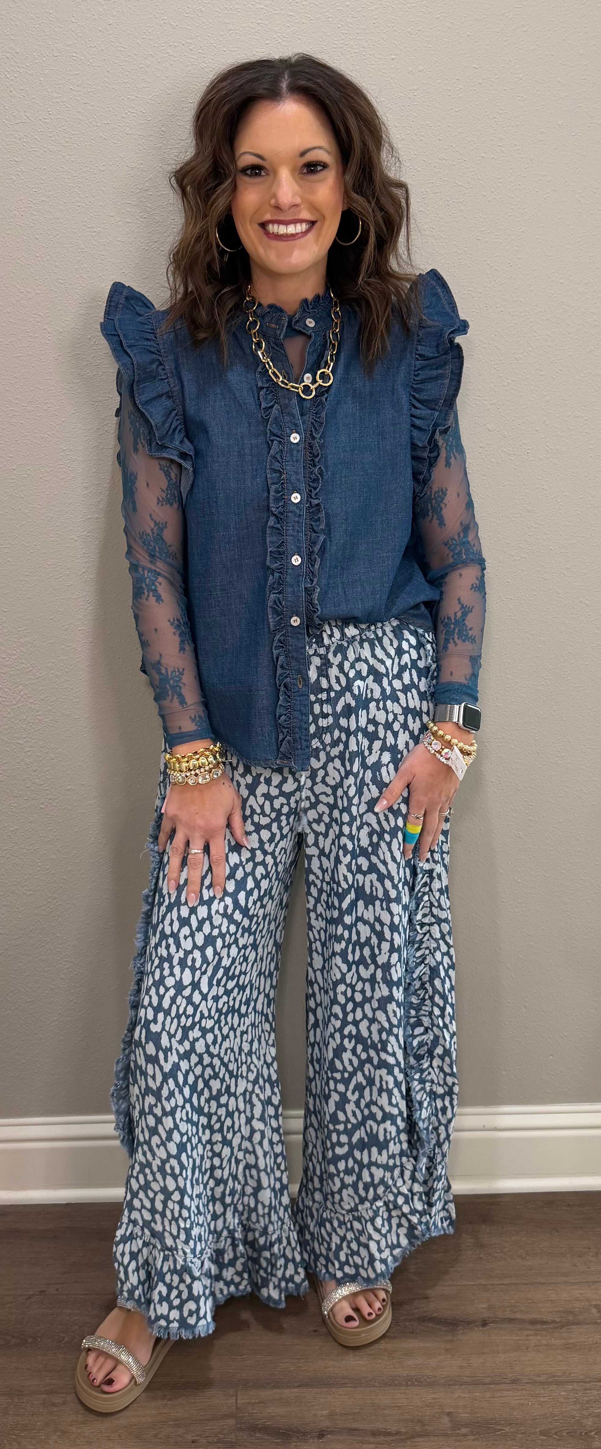 Blue Leopard Printed Lightweight Pants w/ Ruffle Details