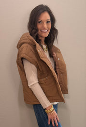 Mocha Quilted Hooded Puffer Vest