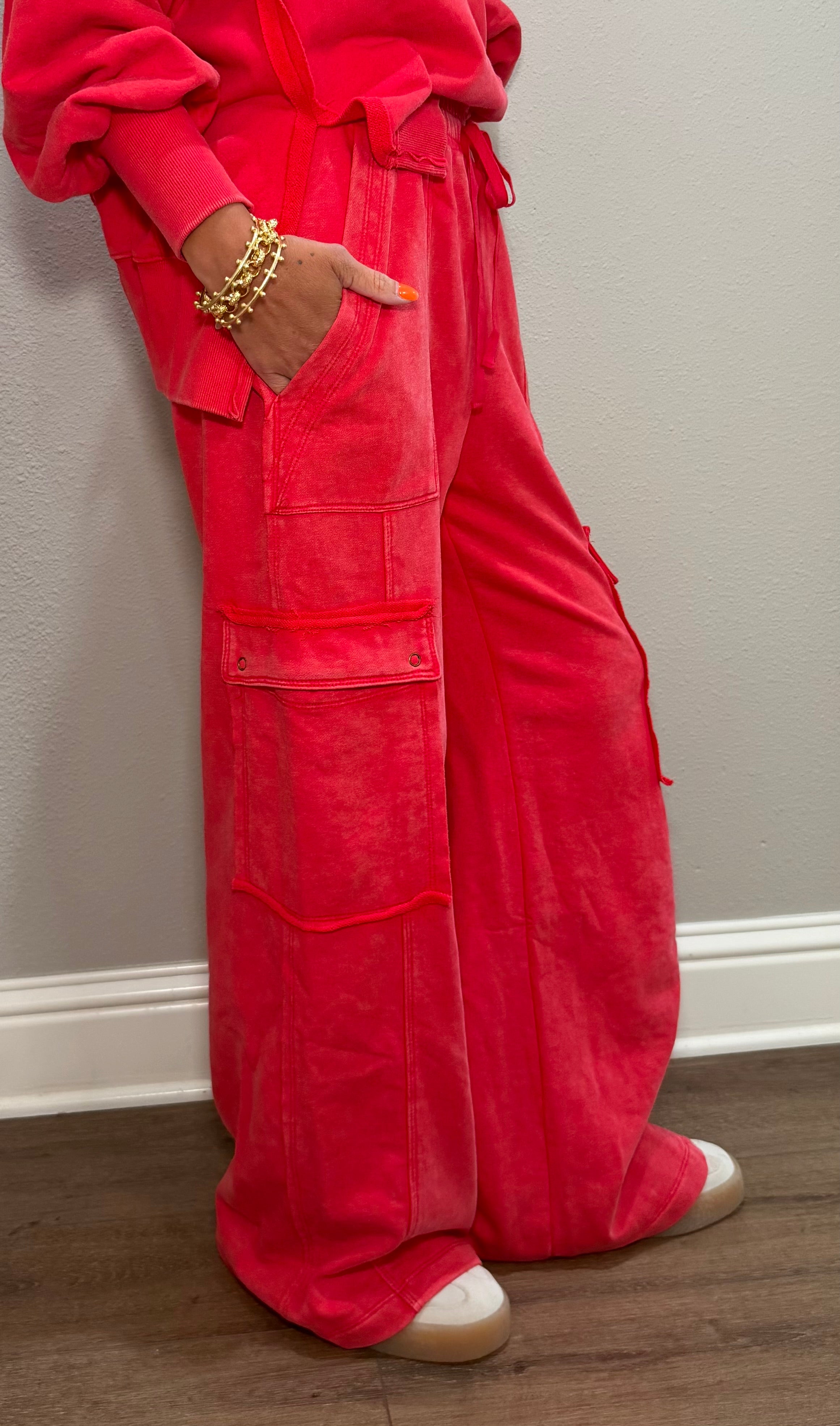 Red Washed Cargo Sweat Set